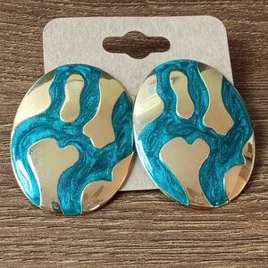 80s Vintage Style Teal Gold Abstract Enamel Oval Earrings